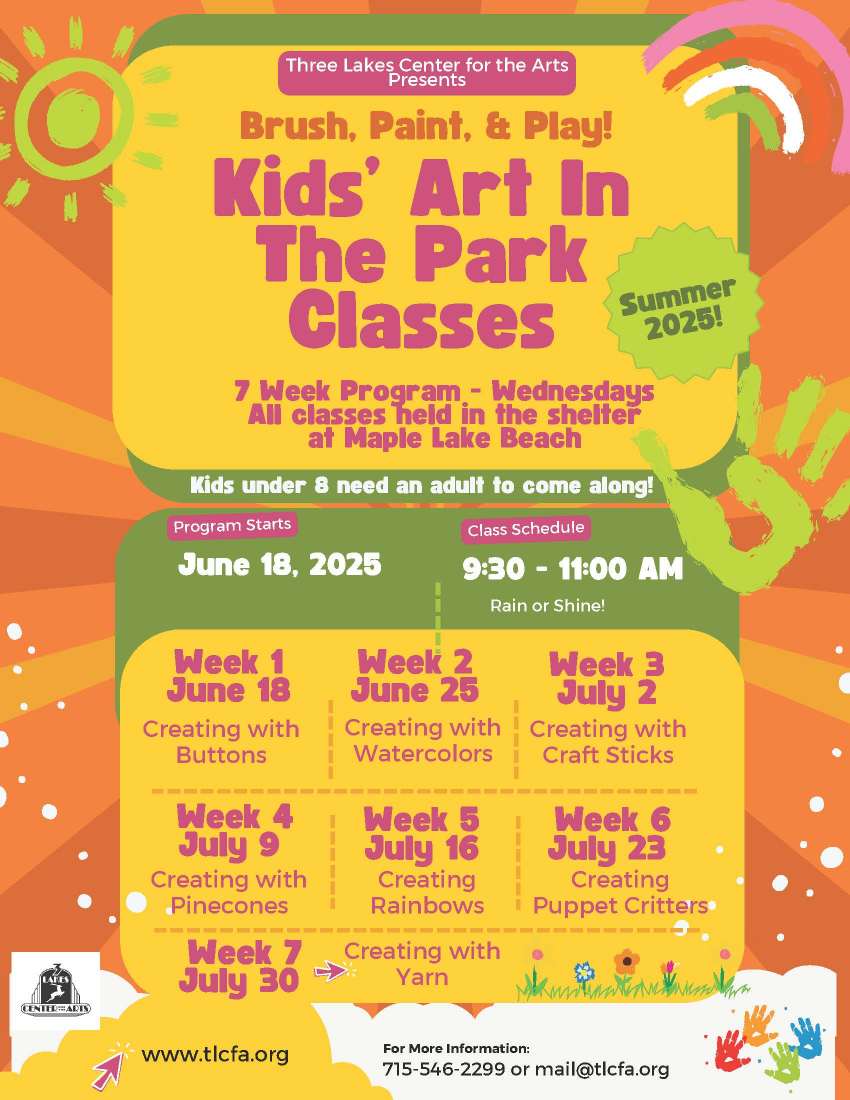 Flyer for Kids' Art in the Park Classes, Summer 2025, June 18–July 30, Wednesdays 9:30–11:00 AM, at Maple Lake Beach; lists weekly workshops and contact information.