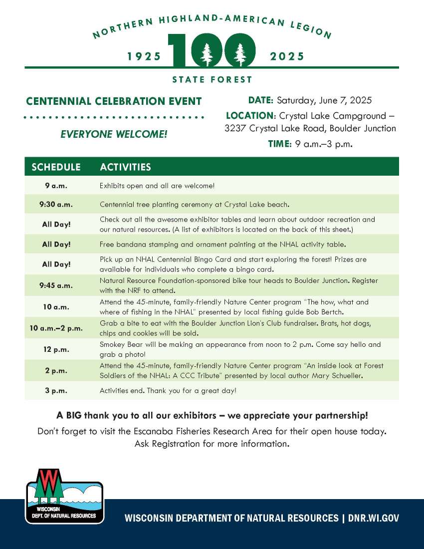 Event flyer for the Northern Highland-American Legion State Forest's 100th anniversary celebration, listing activities and schedule for June 7, 2025, at Crystal Lake Campground.
