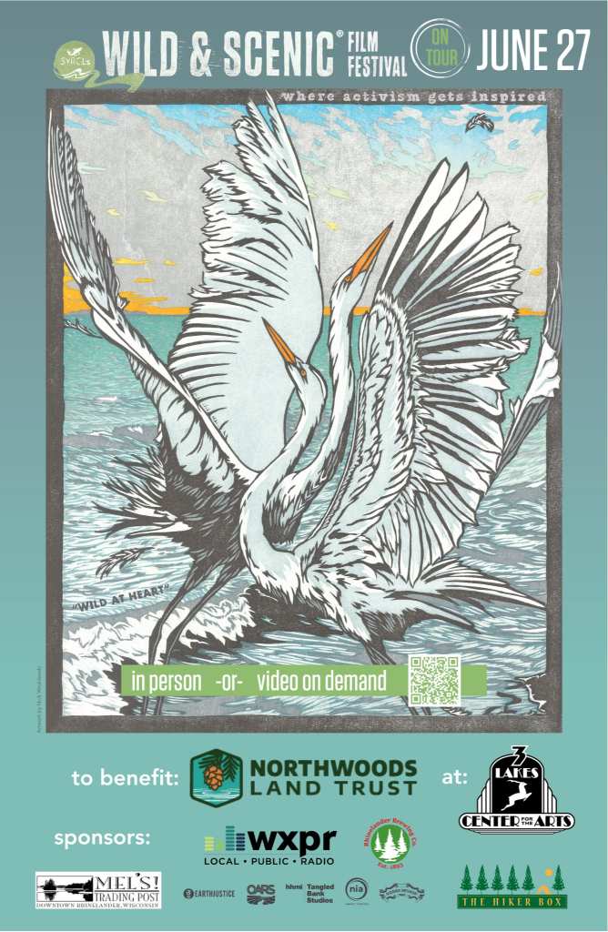 Northwoods Land trust Poster for the Wild & Scenic Film Festival on June 27 featuring illustrated white cranes, event details, and sponsor logos. Benefits Northwoods Land Trust and Lake Center for Arts.