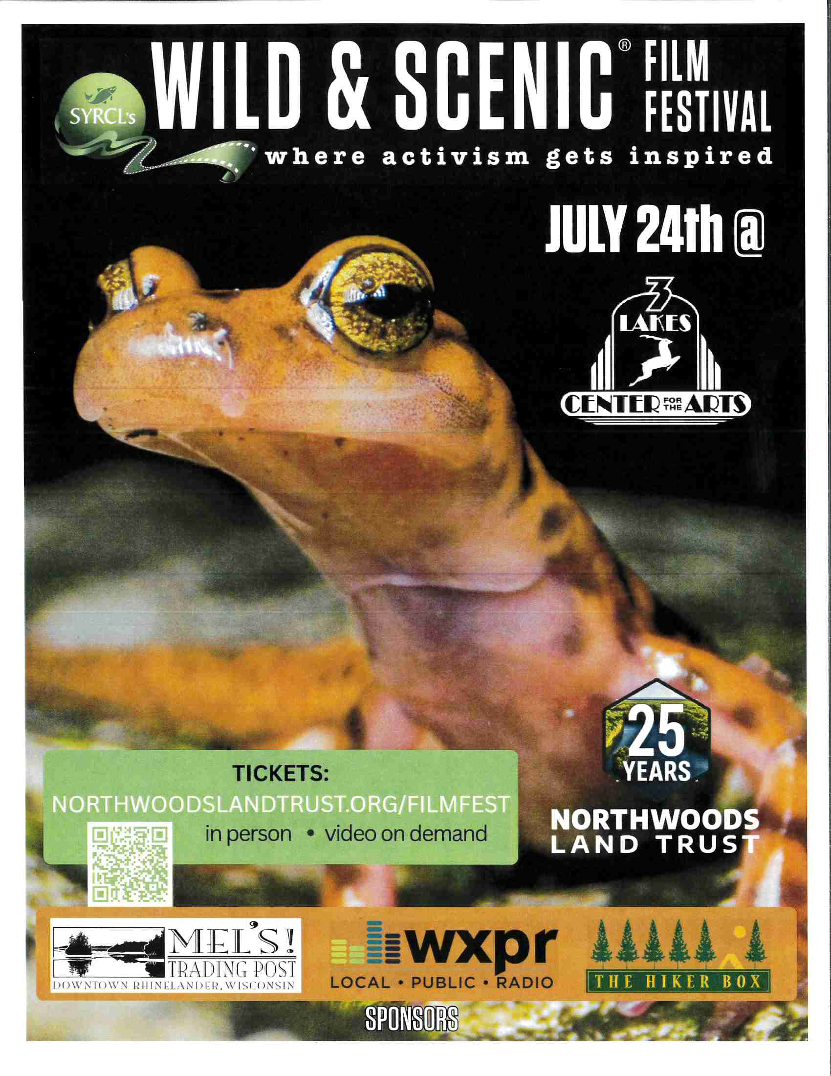 Poster for the Wild & Scenic Film Festival on July 24 at the 3 Lakes Center for the Arts, featuring a close-up of an orange salamander and event sponsor logos.