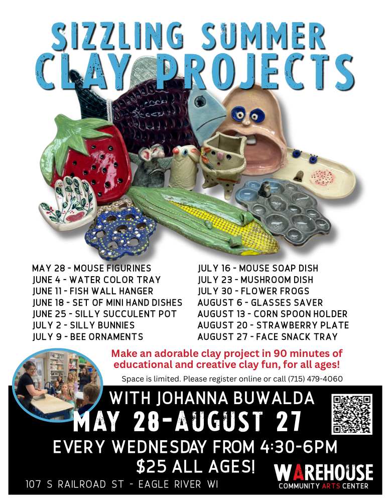 A colorful poster advertises "Sizzling Summer Clay Projects" for all ages at WOWSPACE in Eagle River, WI, detailing event dates, times, and project themes.