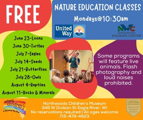 06-07-08 Childrens Flyer for free nature education classes at Northwoods Children's Museum, Mondays at 10:30am, listing dates, topics, and special notes about live animals and photography.