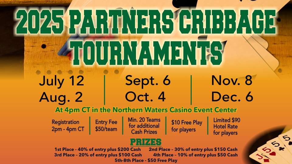 2025 Partners Cribbage Tournaments dates, entry fee, registration times, location, and prize breakdown displayed on a promotional sign with cribbage boards in the background.