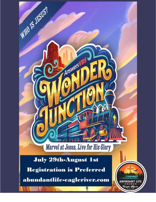 Promotional poster for "Wonder Junction" Vacation Bible School, July 29-August 1, with registration info and an image of a train.