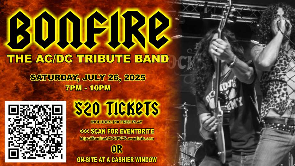 Concert poster for "Bonfire: The AC/DC Tribute Band" on July 26, 2025, 7-10pm. $20 tickets, QR code for Eventbrite, band photo, and ticket purchase info shown.