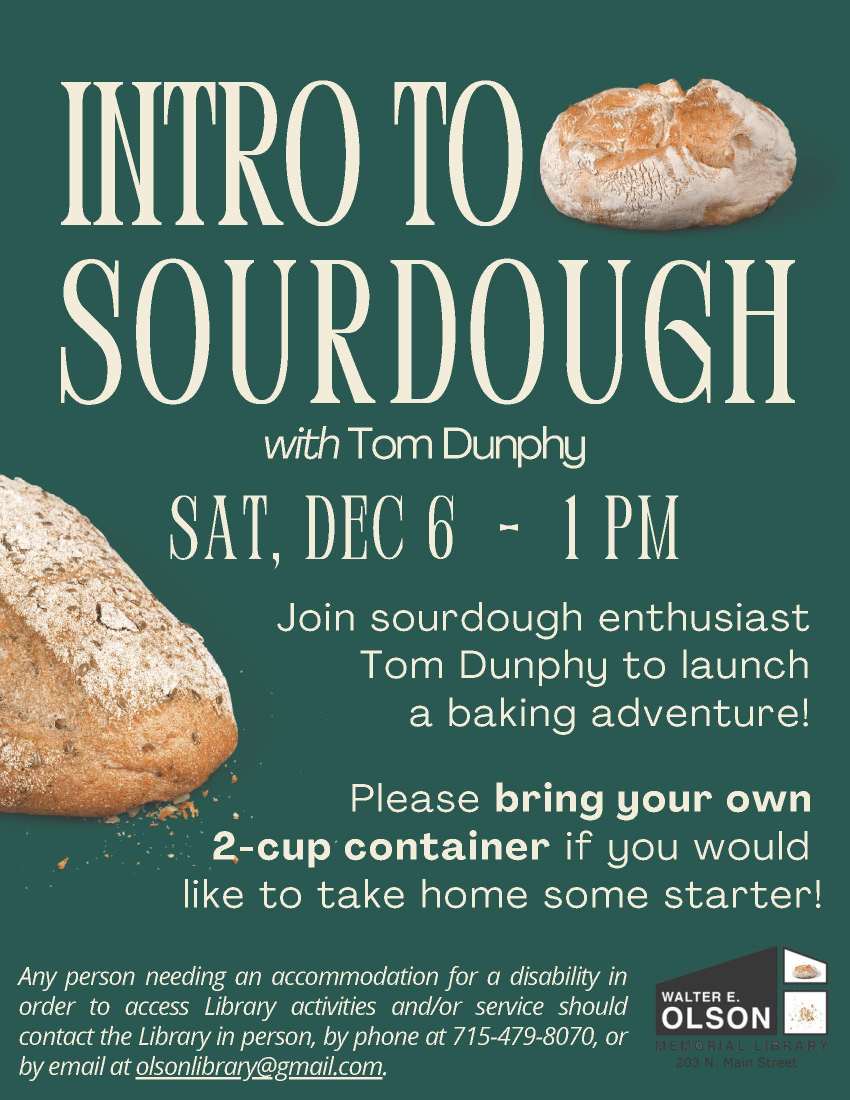 Flyer advertising "Intro to Sourdough" with Tom Dunphy on Saturday, Dec 6 at 1 PM, encouraging attendees to bring a 2-cup container for sourdough starter.