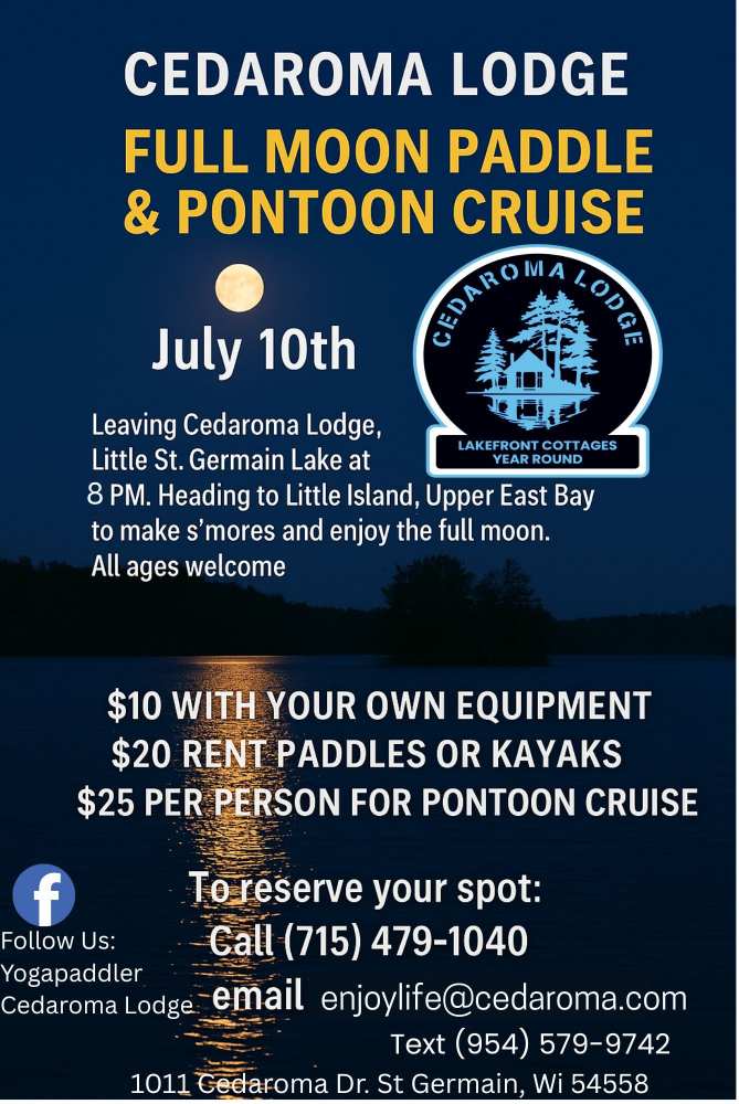 Flyer for Cedaroma Lodge's Full Moon Paddle & Pontoon Cruise on July 10th with event details, pricing, and contact information over a lake and moon background.