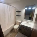 Bathroom with a shower-tub combo, toilet, sink vanity, mirror with overhead lights, wall shelves, and a patterned rug on a wood floor. A person is visible in the mirror.