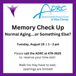 Flyer for a Memory Check Up event by the ADRC of Vilas County, with date, time, and phone number for reservation; notes limited walk-in availability.