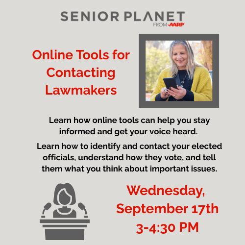Flyer for a Senior Planet event about online tools for contacting lawmakers, featuring a woman using a tablet and event details: Wednesday, September 17th, 3–4:30 PM.
