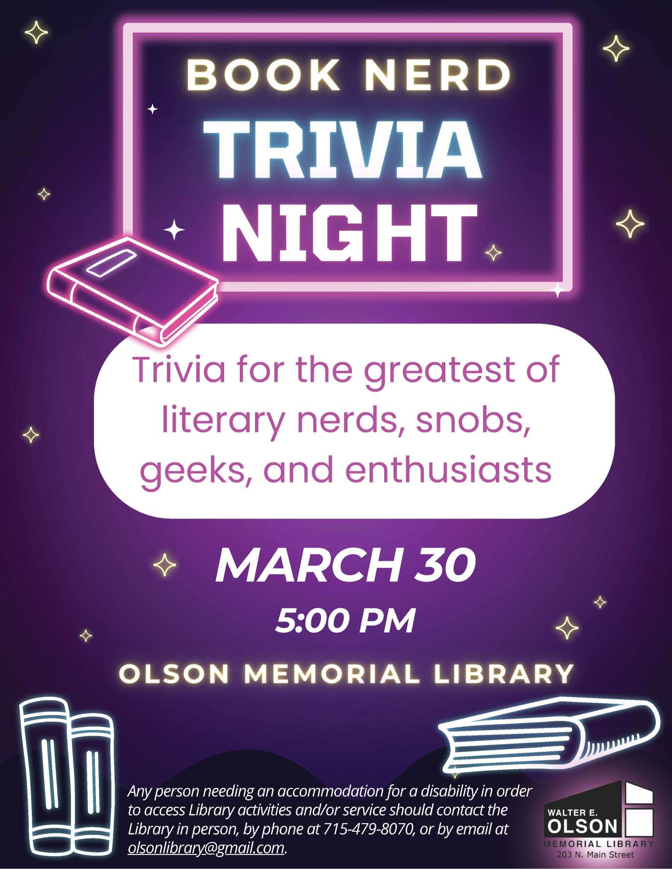 book nerd trivia A poster advertising Book Nerd Trivia Night on March 30 at 5 PM at Olson Memorial Library, with glowing text and book illustrations on a purple background.