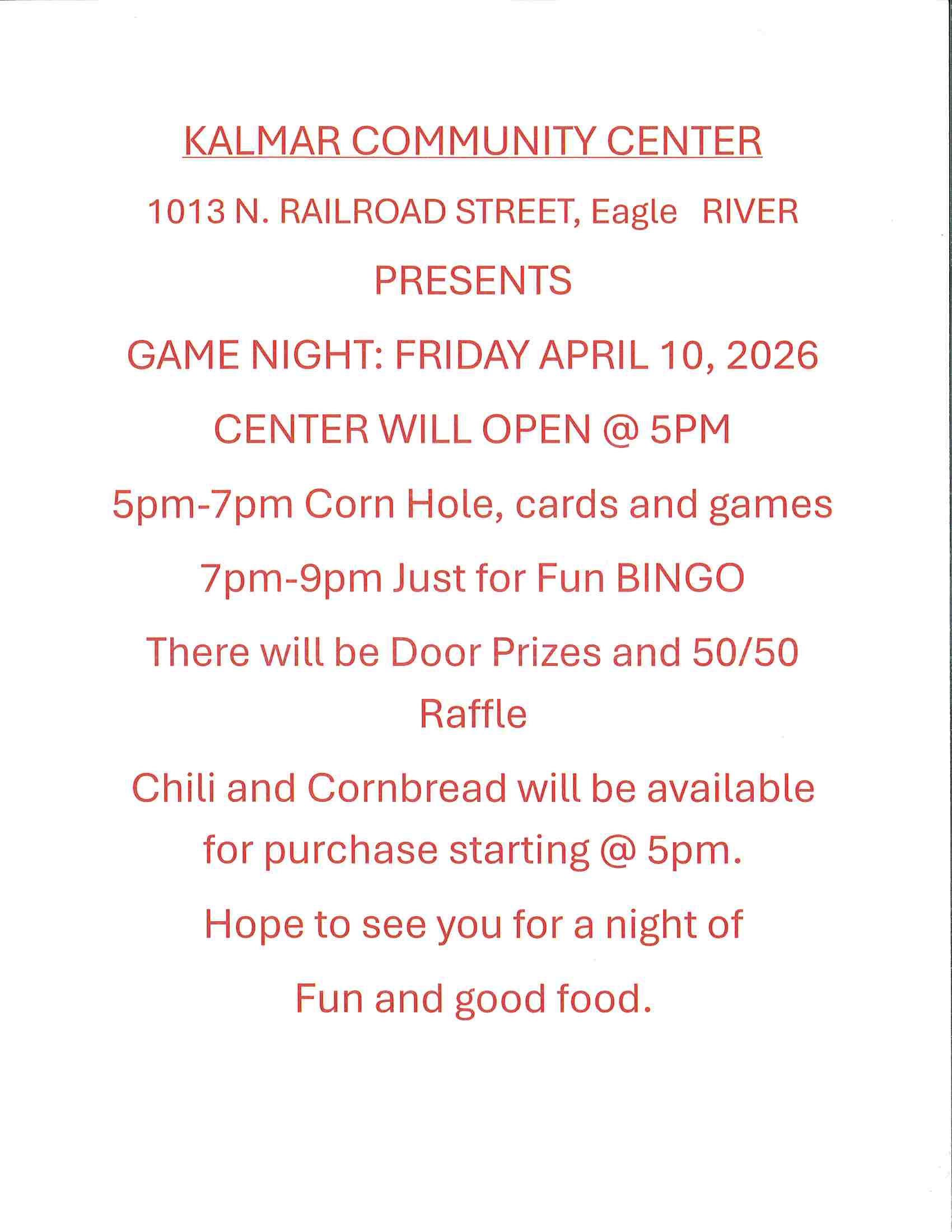 game night at Kalmar Flyer for Kalmar Community Center Game Night on April 10, 2026, with games, bingo, raffle, door prizes, and chili with cornbread served at 5pm.