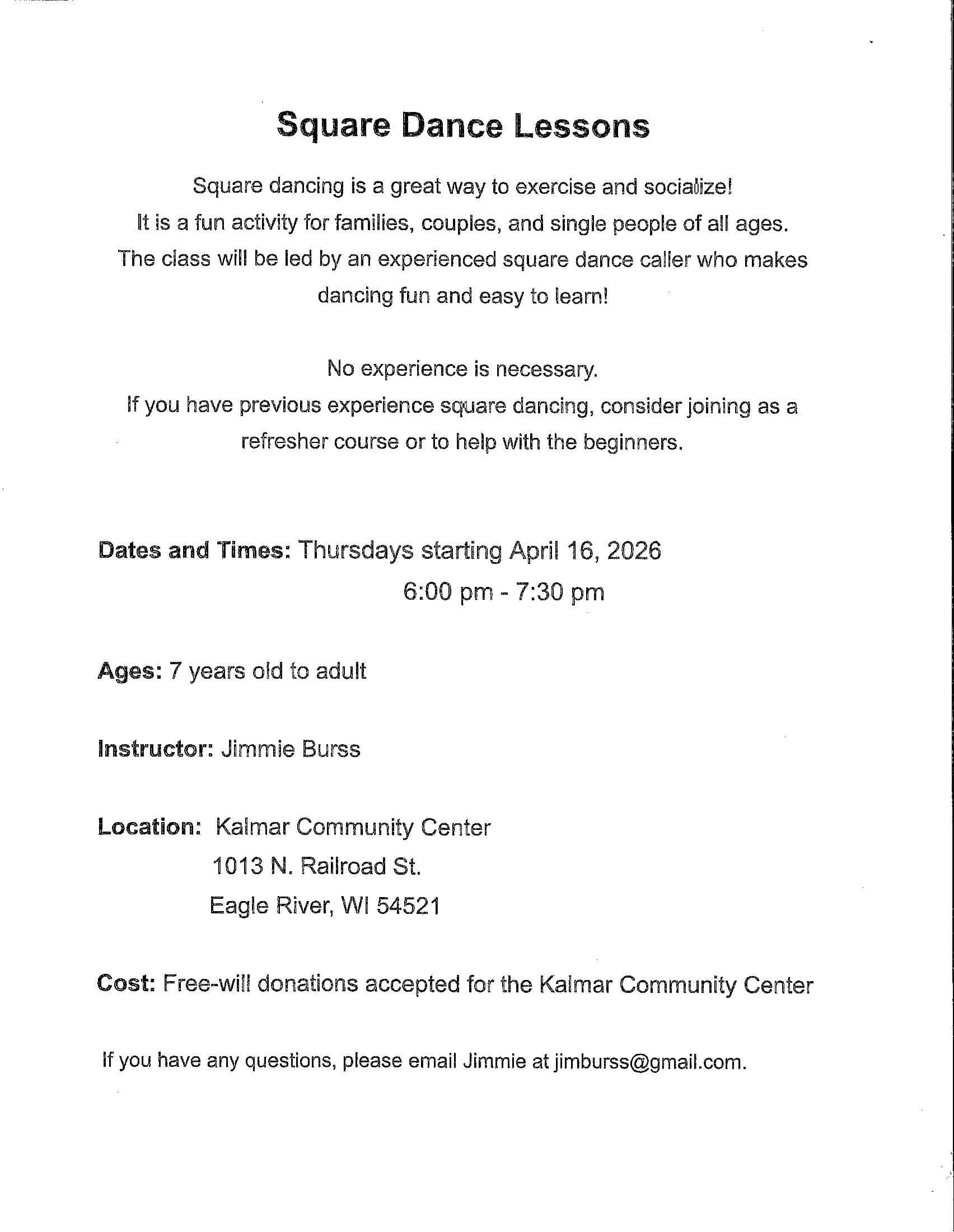 Flyer advertising square dance lessons at Kalmar Community Center, Eagle River, WI, starting April 16, 2026, for ages 7 and up, Thursdays 6–7:30 pm, no experience needed.