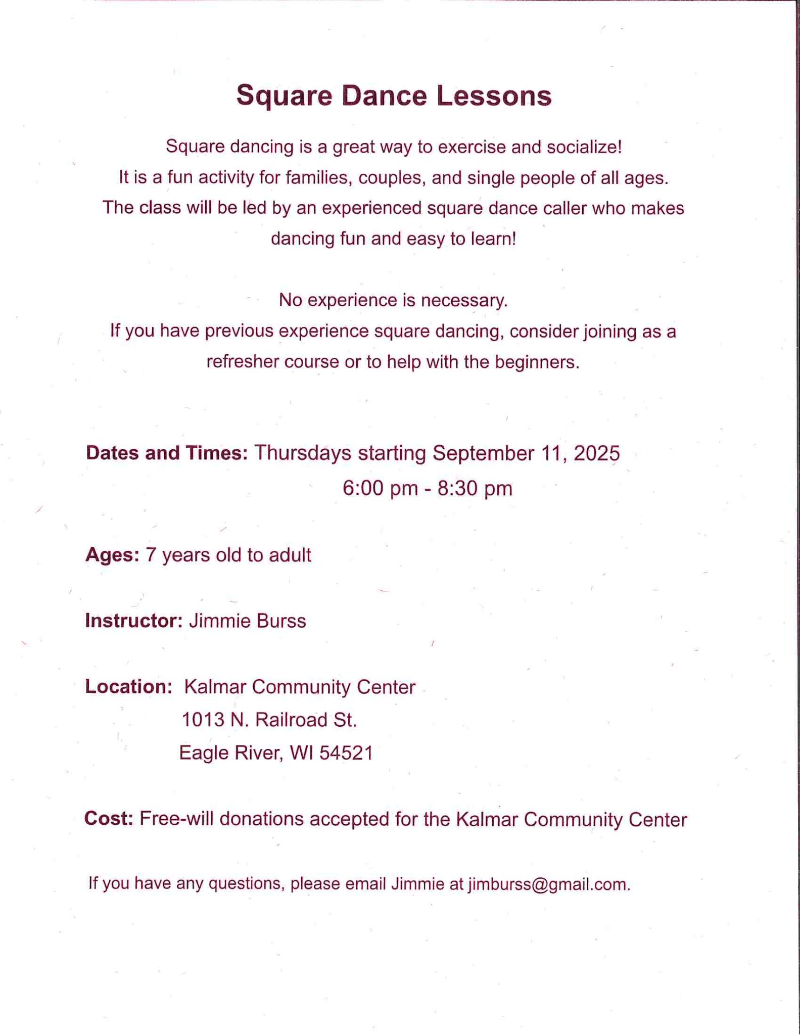 Flyer for square dance lessons at Kalmar Community Center in Eagle River, WI, starting September 11, 2025, open to ages 7 and up, with free-will donations accepted.