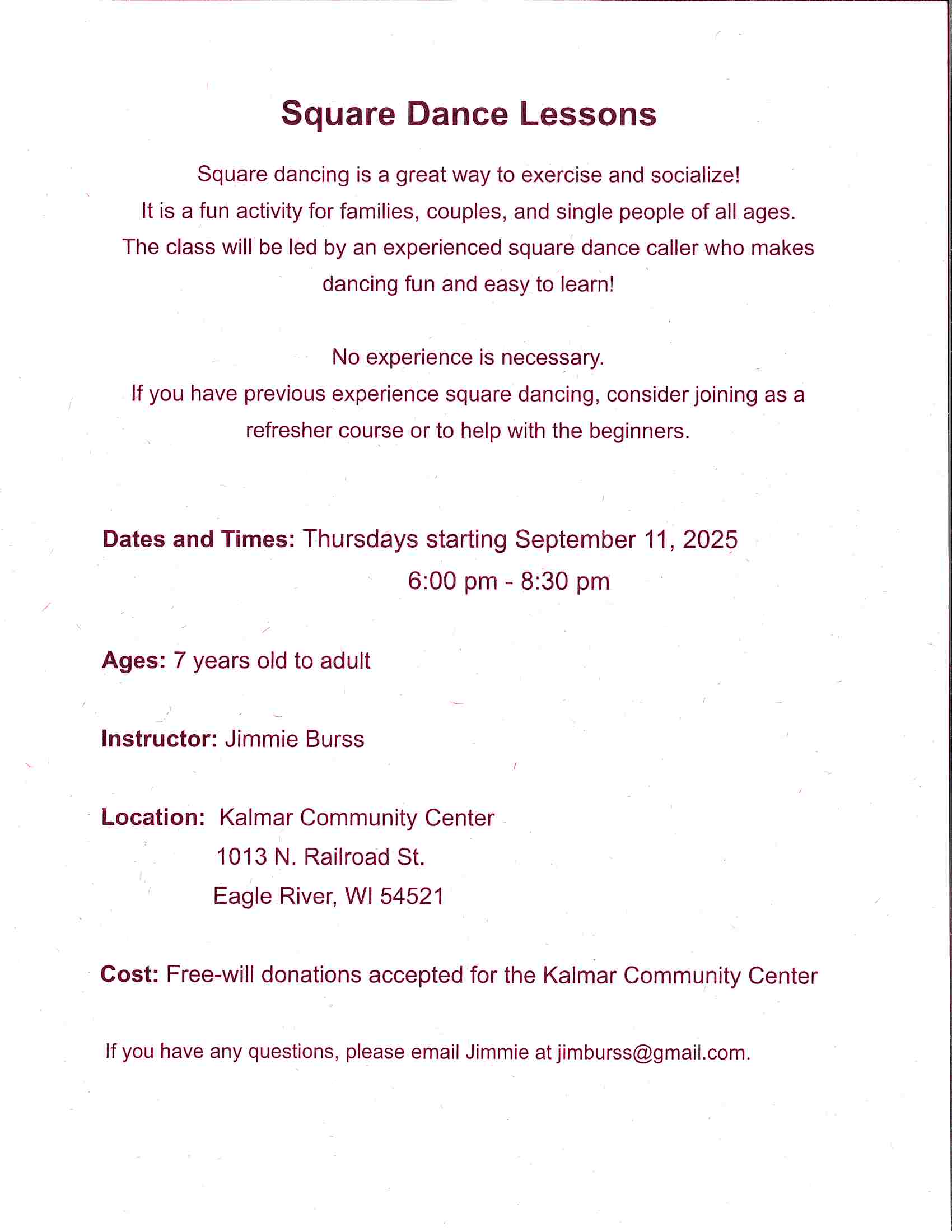 Flyer for square dance lessons at Kalmar Community Center in Eagle River, WI, starting September 11, 2025, open to ages 7 and up, with free-will donations accepted.