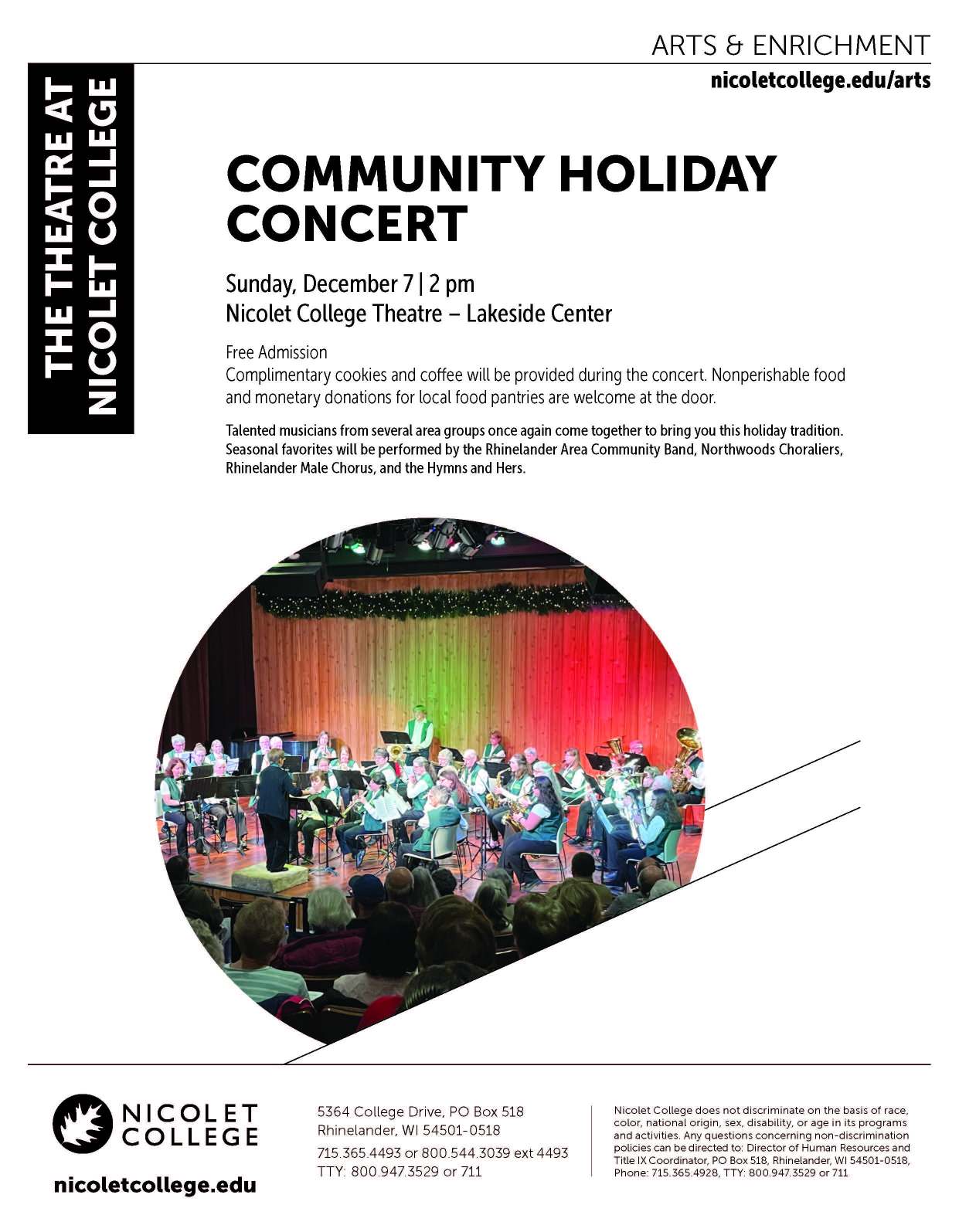 Flyer for Community Holiday Concert at Nicolet College on Sunday, December 7 at 2 pm, featuring local music groups. Free admission; donations for food pantry encouraged.