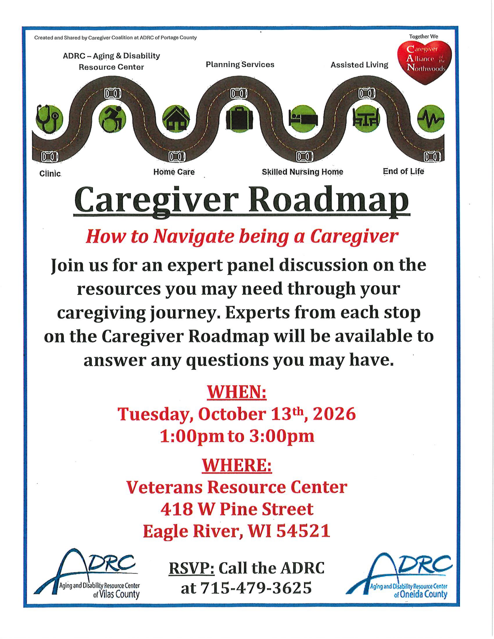 Flyer for a Caregiver Roadmap panel event on October 13, 2026, at Veterans Resource Center, Eagle River, WI, with RSVP and contact information.