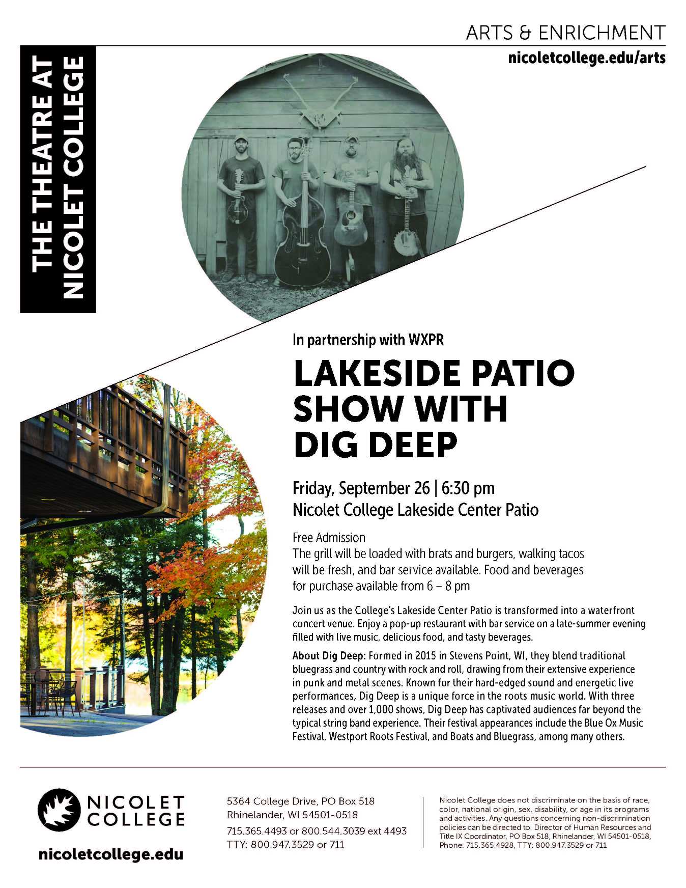 Poster for the Lakeside Patio Show with Dig Deep at Nicolet College, with event details, date, time, venue, and images of a patio and band performing.