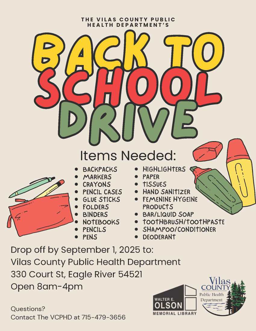 Flyer for the Vilas County Public Health Department’s Back to School Drive lists needed items and drop-off details, with contact information and sponsor logos at the bottom.