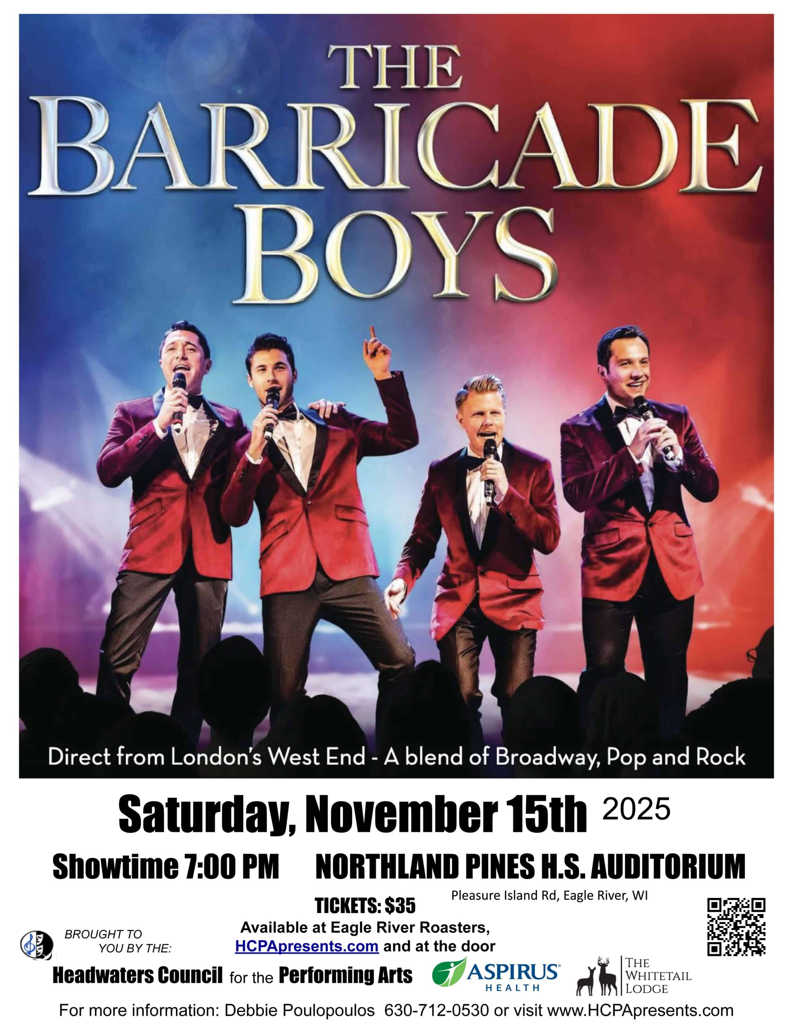 Four men in suits sing into microphones on stage under colorful lights in a promotional poster for "The Barricade Boys" concert on November 15, 2025, at Northland Pines H.S. Auditorium.