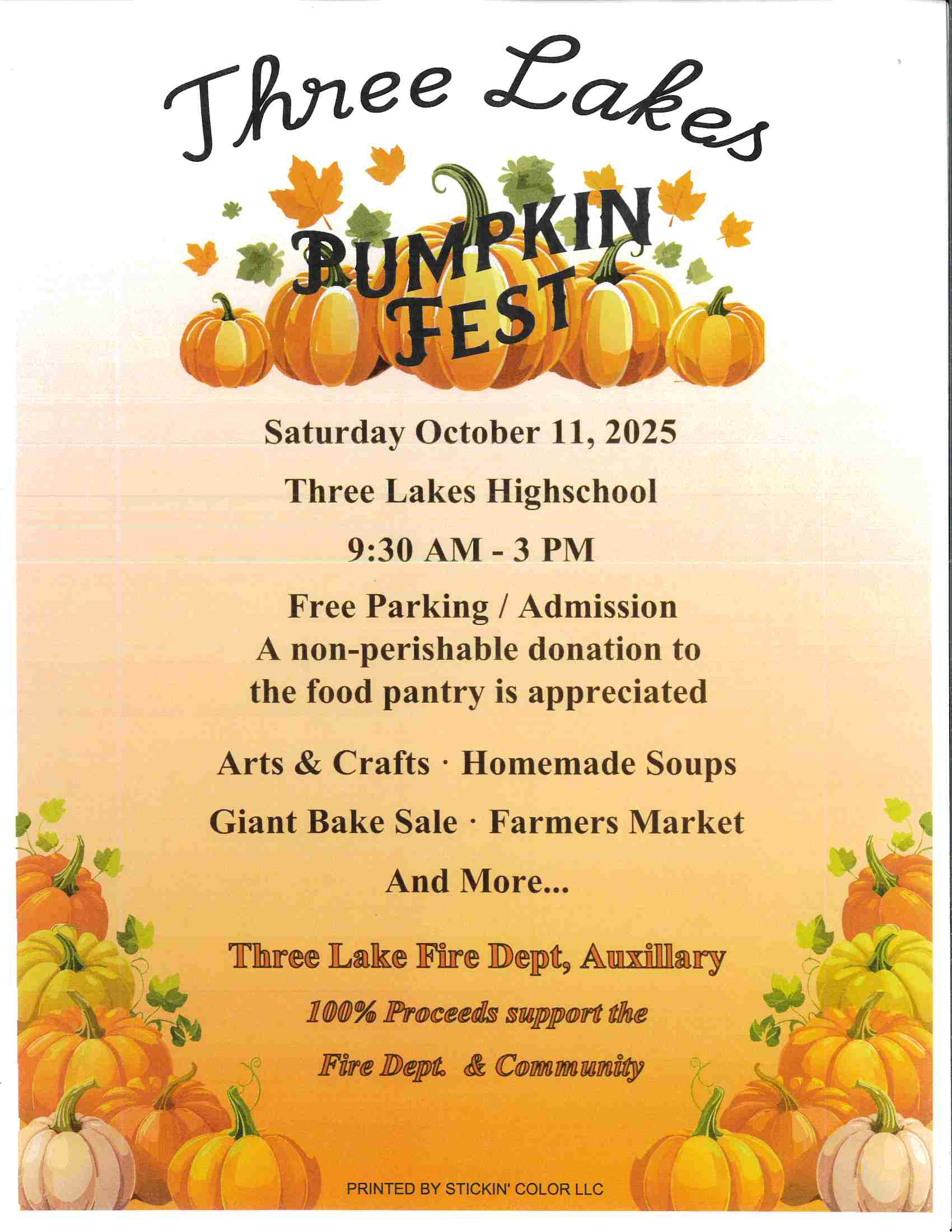 Flyer for Three Lakes Pumpkin Fest on October 11, 2025, at Three Lakes High School, featuring food, crafts, farmers market, and more; benefits Fire Dept. and community.
