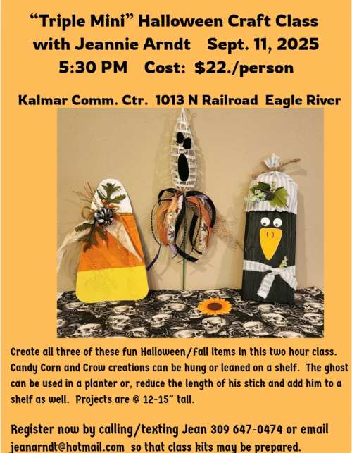 Flyer for a Halloween craft class on September 11, 2025, showing three fall-themed crafts with event details, location, cost, and registration information.
