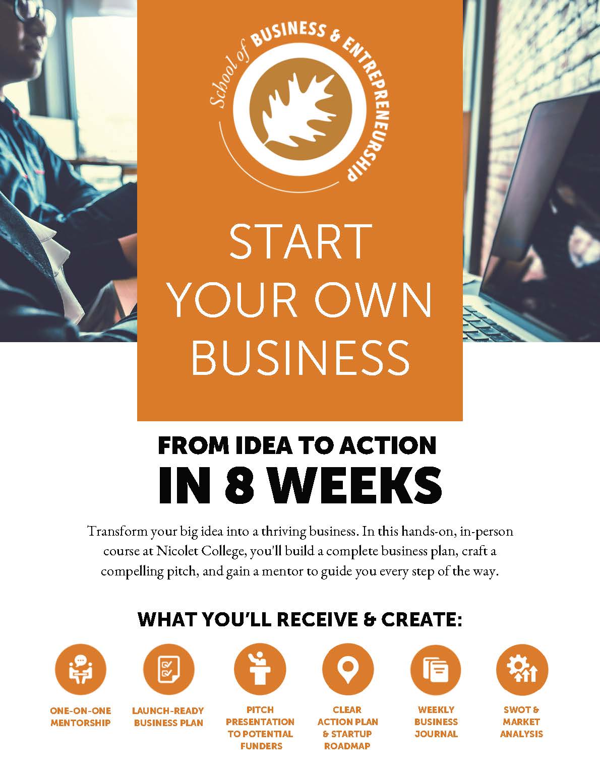 Start Your Own Business Course Flyer 2026SP_Page_1 Flyer for a business course titled "Start Your Own Business," offering an 8-week program with mentorship, pitch presentations, weekly business planning, and market analysis.