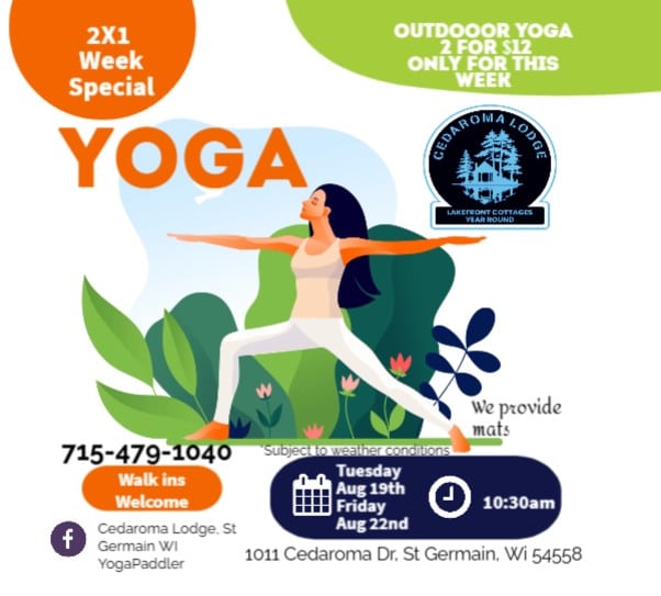 Illustration of a woman doing yoga outdoors, promoting a 2-for-1 outdoor yoga special at Cedaroma Lodge with session dates, location, and contact details.