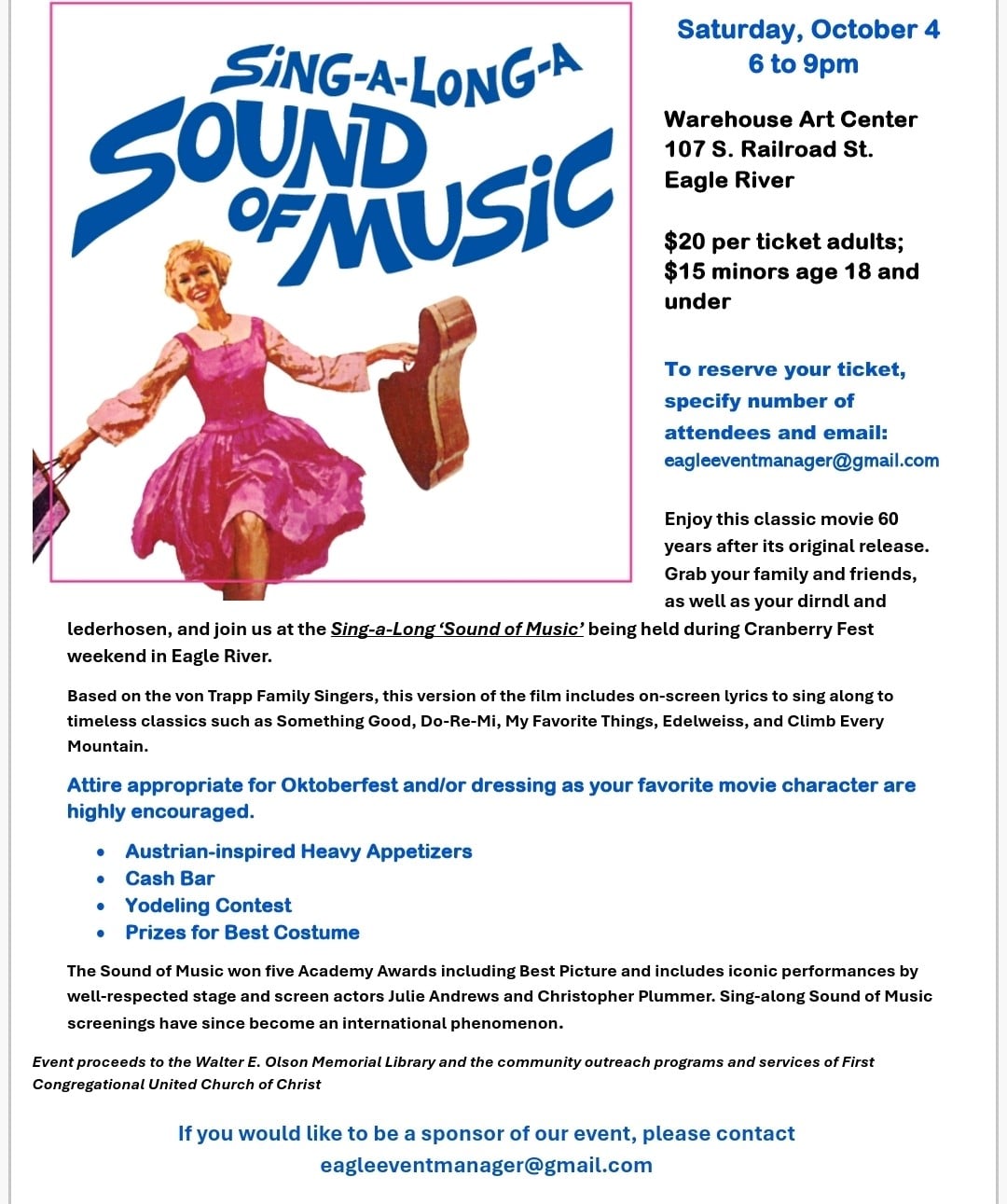Flyer for "Sing-a-Long Sound of Music" event at Warehouse Art Center, Oct 4, 6–9 pm, with ticket details, event info, and an image of a woman in costume.