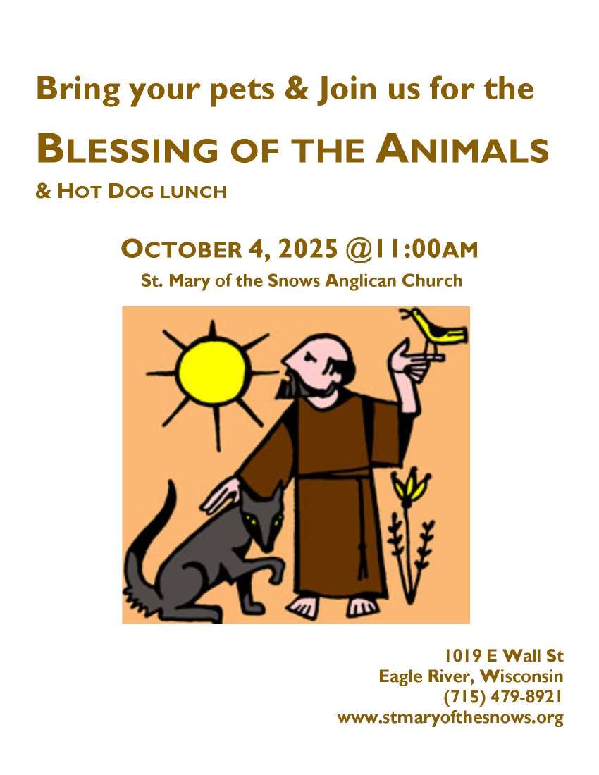 Flyer for "Blessing of the Animals" and hot dog lunch at St. Mary of the Snows Anglican Church on October 4, 2025, with illustration of Saint Francis and animals.
