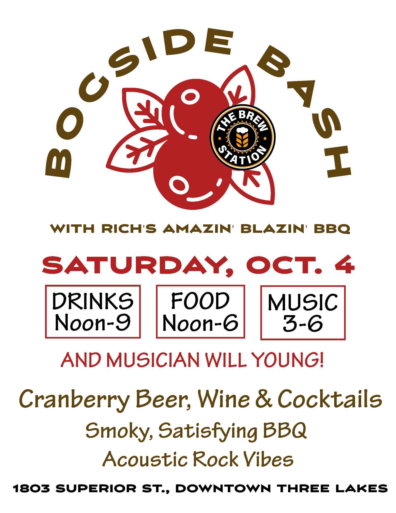Promotional poster for Bogside Bash event on Saturday, Oct. 4, featuring food, drinks, music, BBQ, and musician Will Young at 1803 Superior St., Downtown Three Lakes.