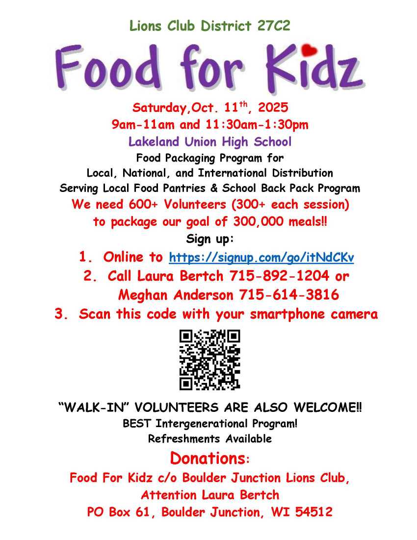 Flyer for “Food for Kidz” event on Oct 11, 2025 at Lakeland Union High School, seeking volunteers for food packing sessions; includes contact info, sign-up link, and QR code.