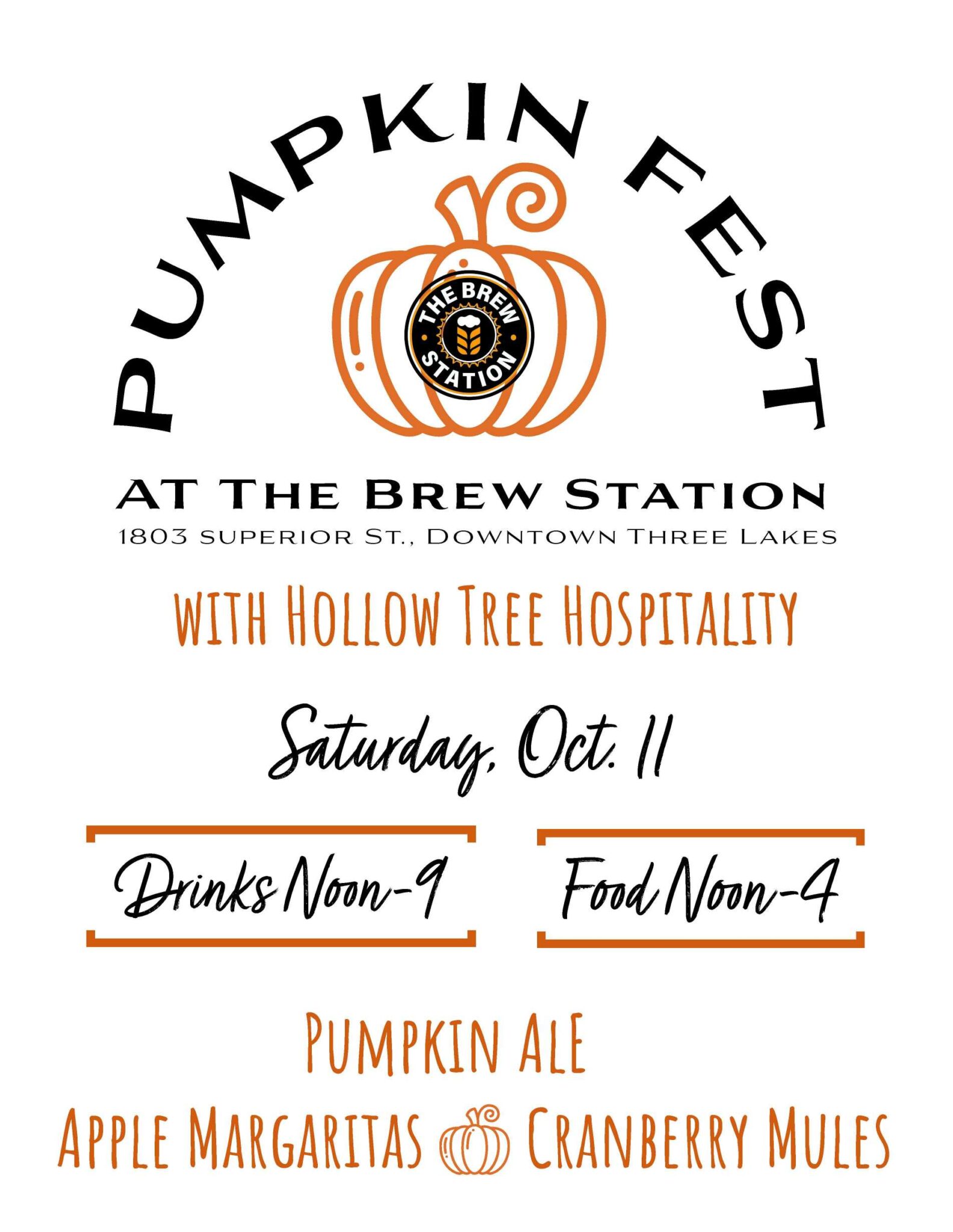 Pumpkin Fest event flyer for The Brew Station in Three Lakes, with event date, drink and food times, and featured beverages listed.