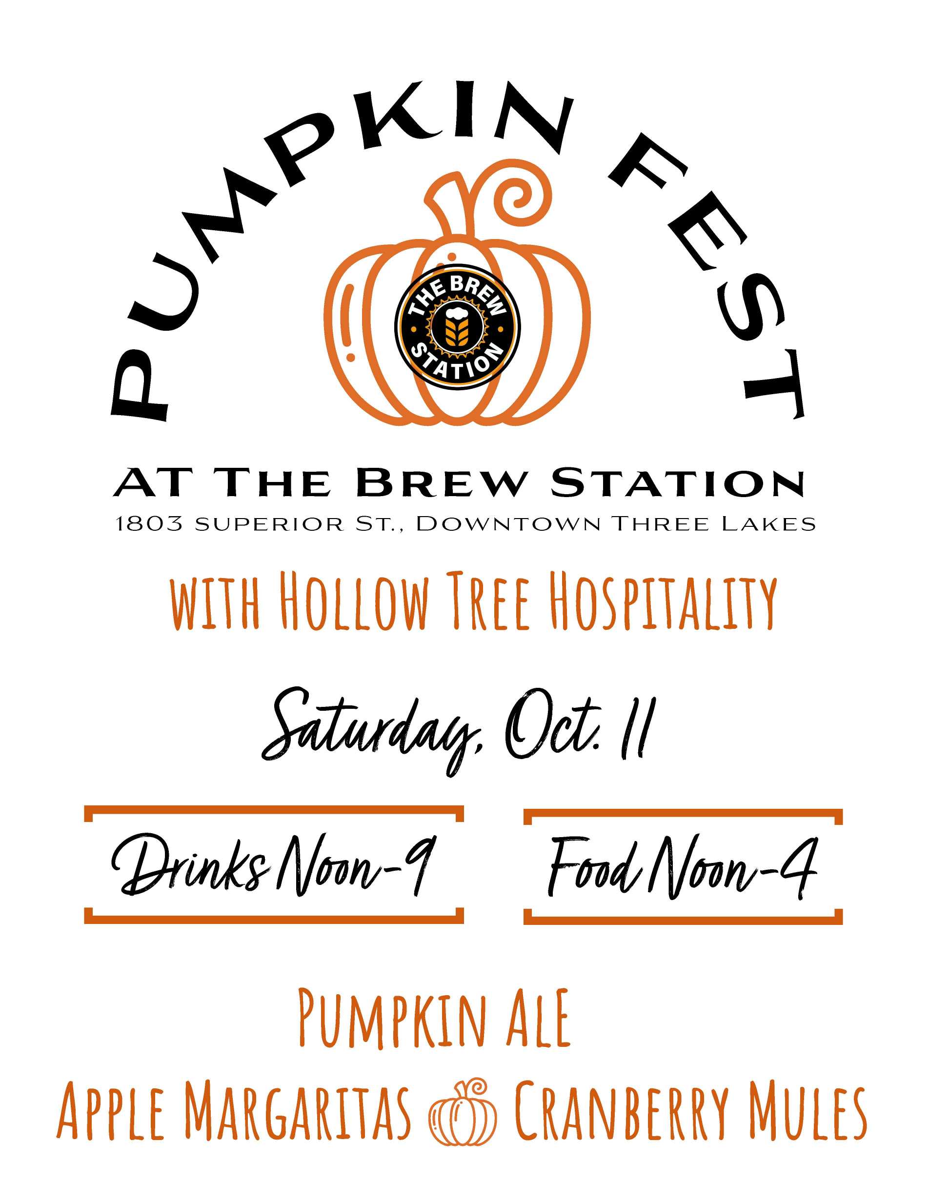 Pumpkin Fest event flyer for The Brew Station in Three Lakes, with event date, drink and food times, and featured beverages listed.