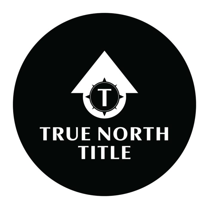 Black circular logo with a white upward arrow, a compass with "T" inside, and the text "TRUE NORTH TITLE" in bold white letters below the arrow.