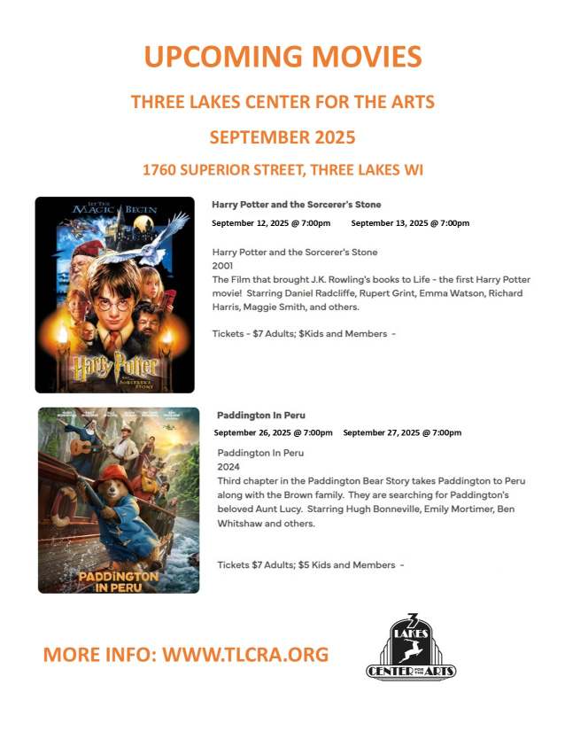Flyer listing September 2025 movie showings at Three Lakes Center for the Arts, featuring "Harry Potter" on Sept 12 and "Paddington in Peru" on Sept 27, with film details and location info.