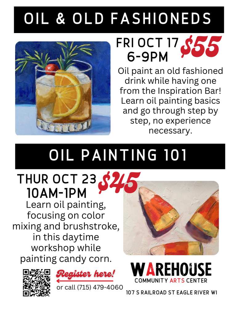 Flyer for oil painting classes at Warehouse Community Arts Center, featuring drink-themed art, dates, times, prices, and a phone number for registration.
