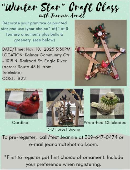 Flyer for "Winter Star" Craft Class shows sample star ornaments and info about date, location, registration, and contact details for a November 10, 2025 event in Eagle River, WI.