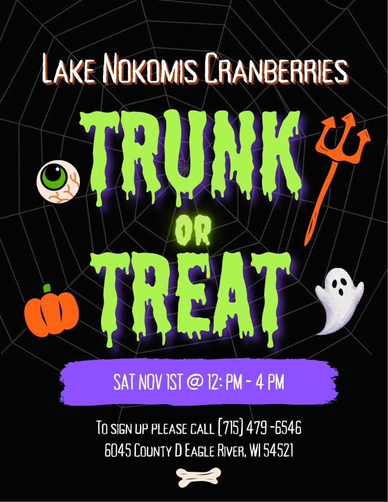 11 lake nokomis trunk or treat 2 A Halloween-themed flyer for Lake Nokomis Cranberries Trunk or Treat event on Nov 1st, 12–4 PM, with contact info and spooky graphics like a ghost, pumpkin, eyeball, and trident.