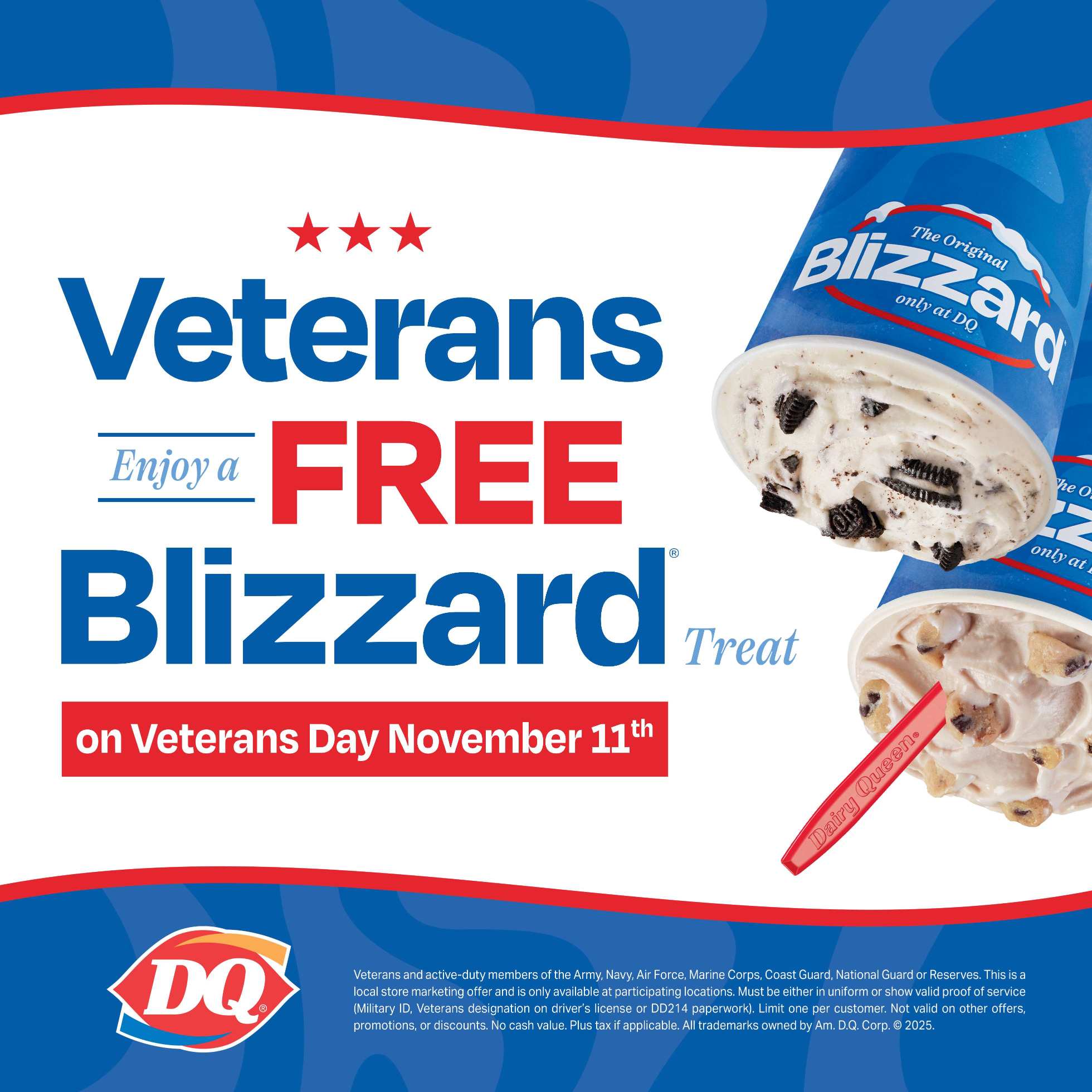 Promotional image offering veterans a free Blizzard treat at Dairy Queen on Veterans Day, November 11th.