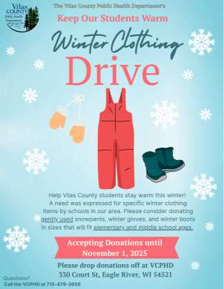 A poster for a winter clothing drive features a red snowsuit, green boots, and gloves, with information about donating winter items for students in Vilas County.