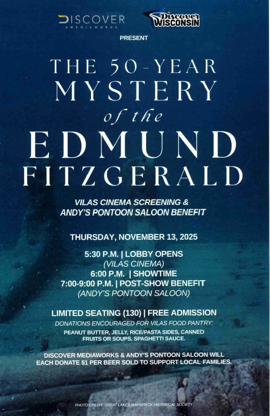 Discover Event poster for "The 50-Year Mystery of the Edmund Fitzgerald" featuring a cinema screening and saloon benefit on November 13, 2025, with limited seating and food donations encouraged.
