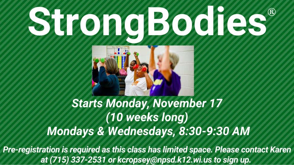 StrongBodies exercise class participants using hand weights in a gym. Class starts November 17, Mondays and Wednesdays, 8:30–9:30 AM. Pre-registration required; contact info provided.