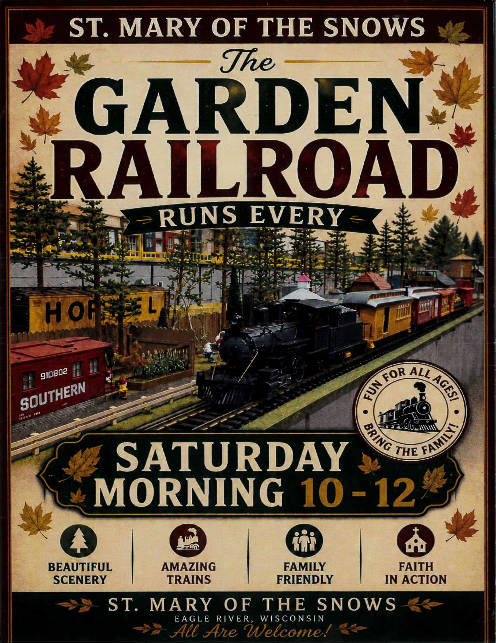 Poster advertising St. Mary of the Snows Garden Railroad event, showing a model train, event details, and icons for scenic views, amazing trains, and family-friendly fun.
