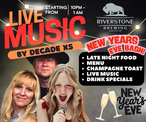 Promotional poster for a New Year's Eve live music event at Riverstone Brewing, featuring Decade XS, with late night food, drinks, and a champagne toast, from 10 PM to 1 AM.