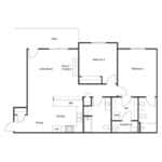 Black and white floor plan of a two-bedroom apartment with living room, kitchen, dining area, two bathrooms, patio, and labeled appliances and closets.