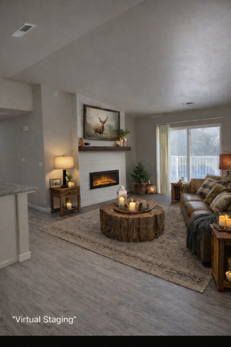 Modern living room with a couch, rustic wooden tables, fireplace, candles, and nature-themed decor, with a sliding glass door leading to a balcony.