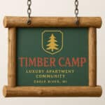 Wooden-framed sign hanging by chains displaying "Timber Camp Luxury Apartment Community Eagle River, WI" with a pine tree emblem.