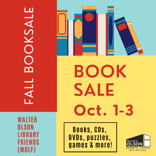 Flyer for the Walter Olson Library Friends fall book sale, Oct. 1-3, offering books, CDs, DVDs, puzzles, and games at Walter E. Olson Memorial Library.