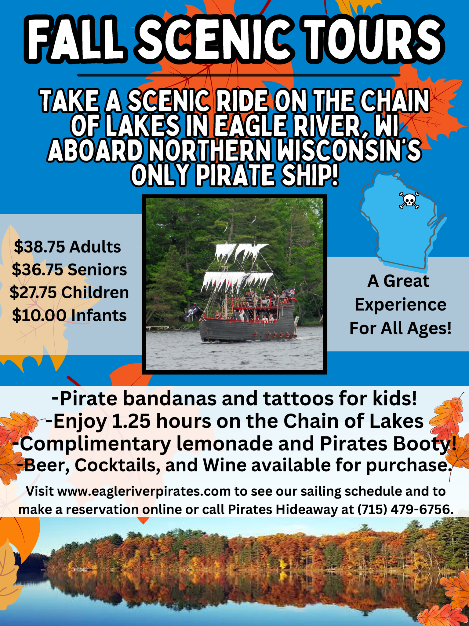 Promotional flyer for pirate ship tours in Eagle River, WI. Photo of a boat with people in pirate costumes; tour info, prices, and website details are listed.